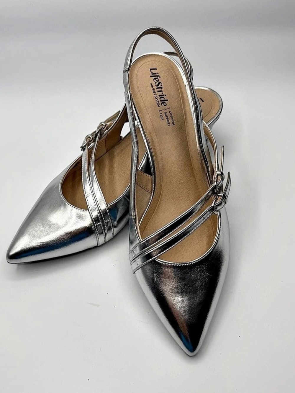 LifeStride Marilyn Slingback Kitten Heel Pumps Silver US 10W